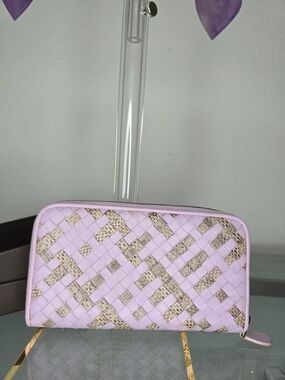 Bottega Veneta Lilac Woven Zip Wallet with Snake-Print Inlay